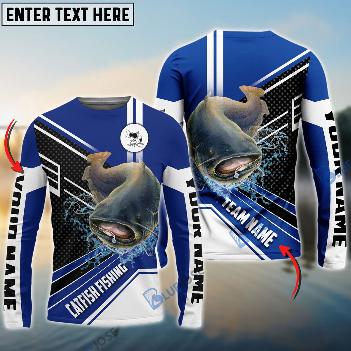 BlueJose Catfish Fishing Blue White Sport Custom Name & Team Name 3D Shirts