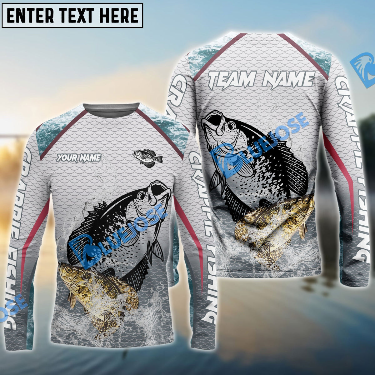 BlueJose Crappie Fishing White Fin Water Silhouette Sport Custom Name & Team Name 3D Shirts