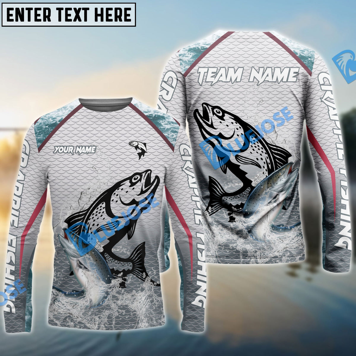 BlueJose Salmon Fishing White Fin Water Silhouette Sport Custom Name & Team Name 3D Shirts