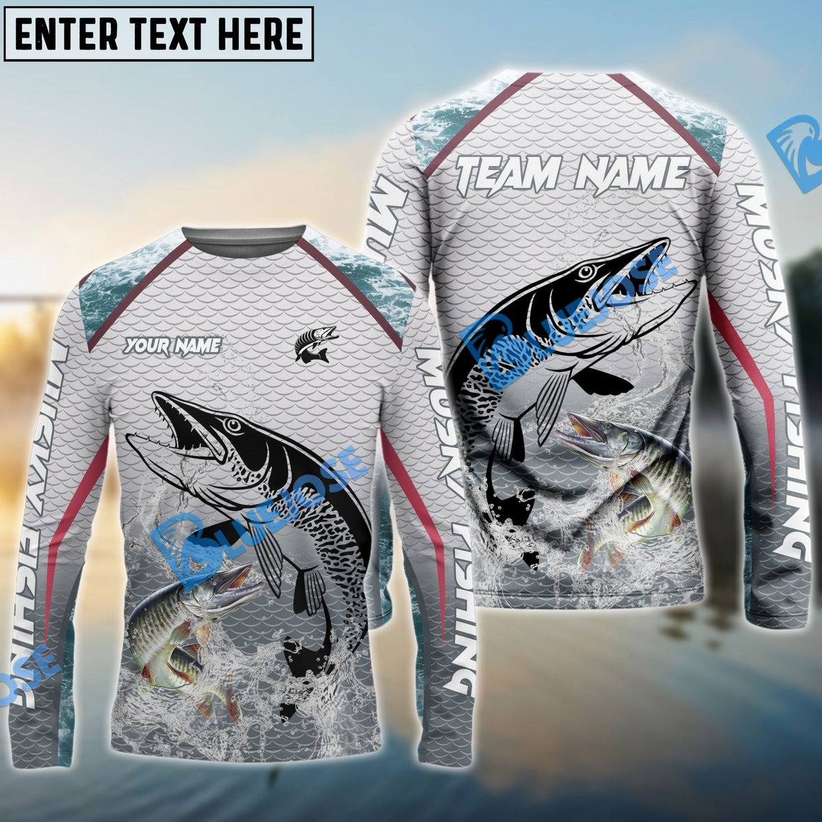 BlueJose Musky Fishing White Fin Water Silhouette Sport Custom Name & Team Name 3D Shirts
