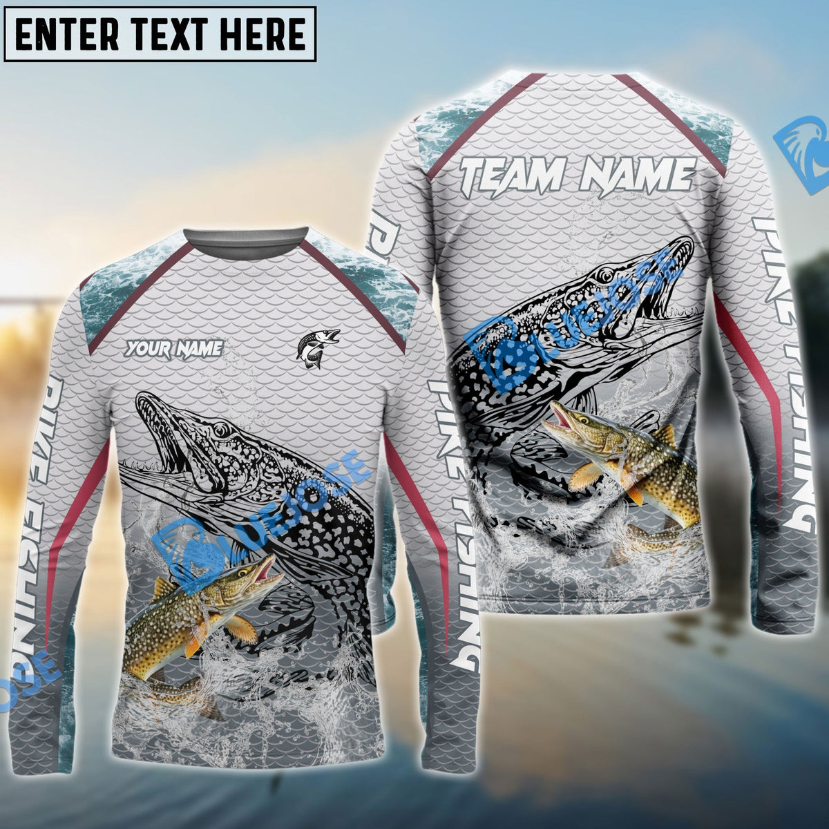 BlueJose Pike Fishing White Fin Water Silhouette Sport Custom Name & Team Name 3D Shirts