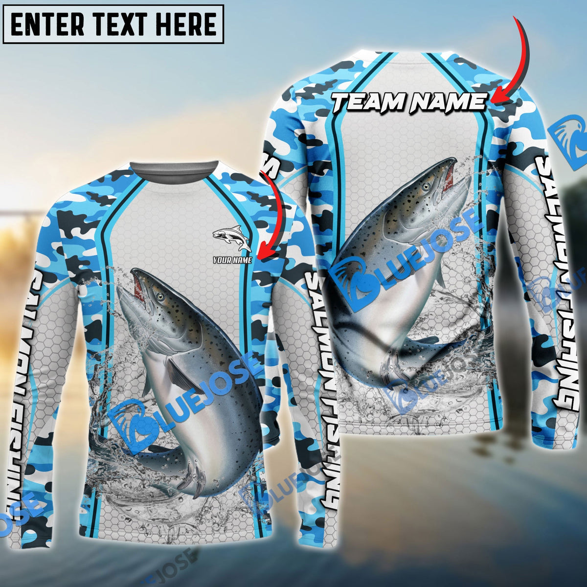 BlueJose Salmon Fishing Light Blue Camo Sport Custom Name & Team Name 3D Shirts