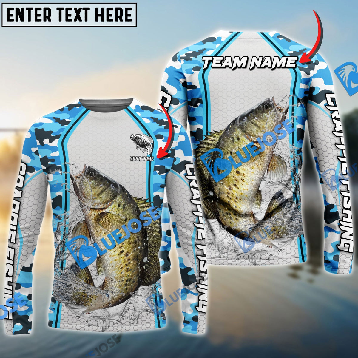 BlueJose Crappie Fishing Light Blue Camo Sport Custom Name & Team Name 3D Shirts
