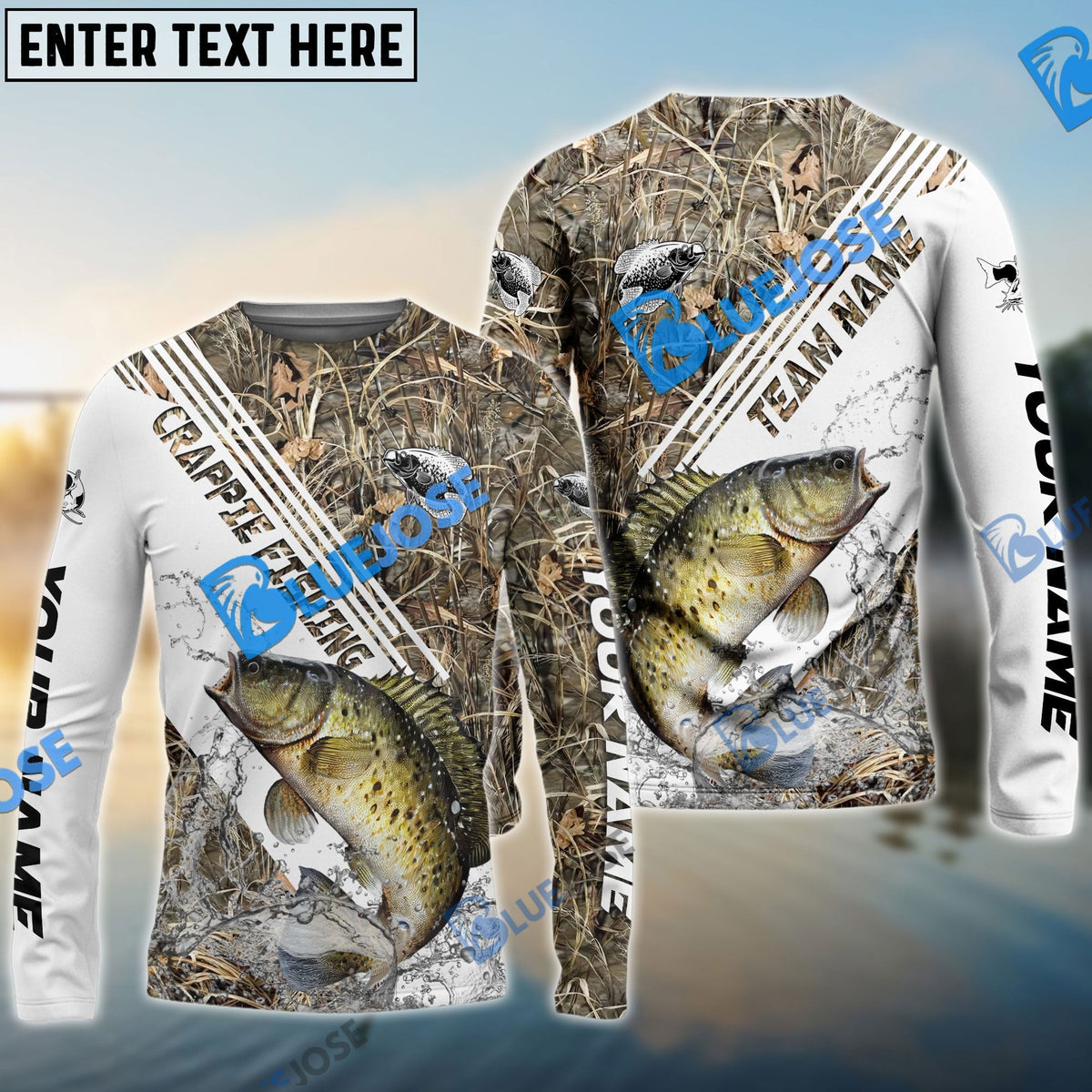 BlueJose Crappie Fishing White And Grass Camo Sport Custom Name & Team Name 3D Shirts