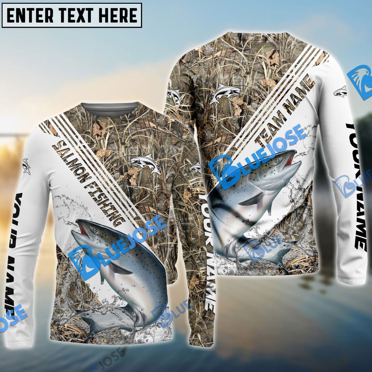 BlueJose Salmon Fishing White And Grass Camo Sport Custom Name & Team Name 3D Shirts