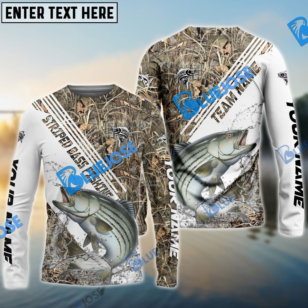 BlueJose Striped Bass Fishing White And Grass Camo Sport Custom Name & Team Name 3D Shirts