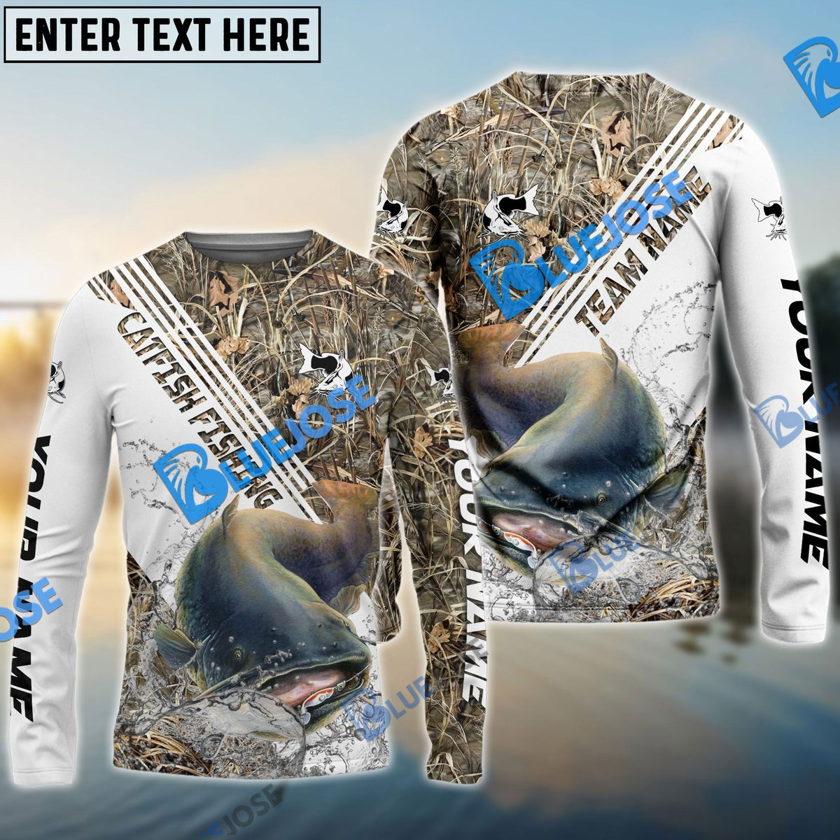 BlueJose Catfish Fishing White And Grass Camo Sport Custom Name & Team Name 3D Shirts