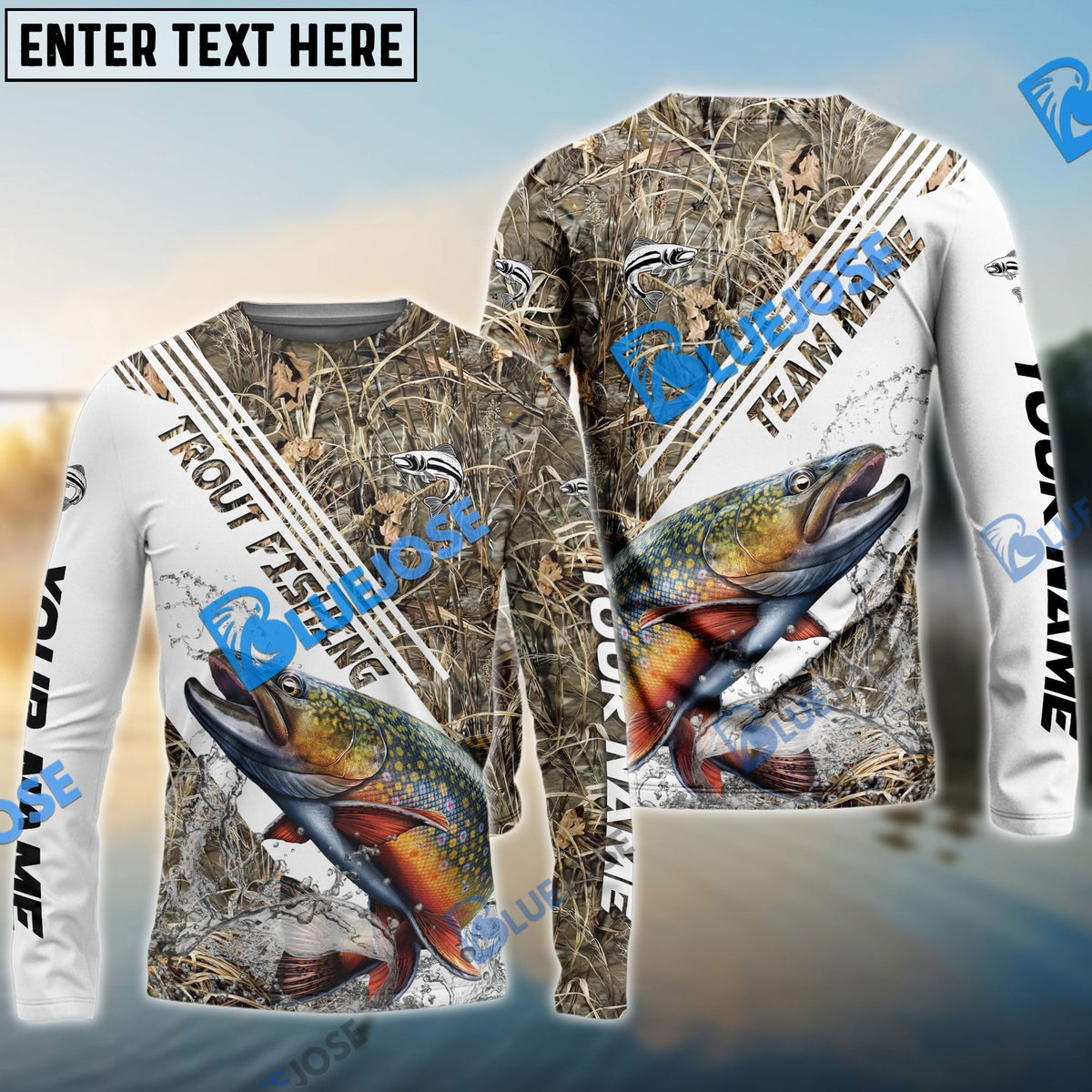 BlueJose Trout Fishing White And Grass Camo Sport Custom Name & Team Name 3D Shirts