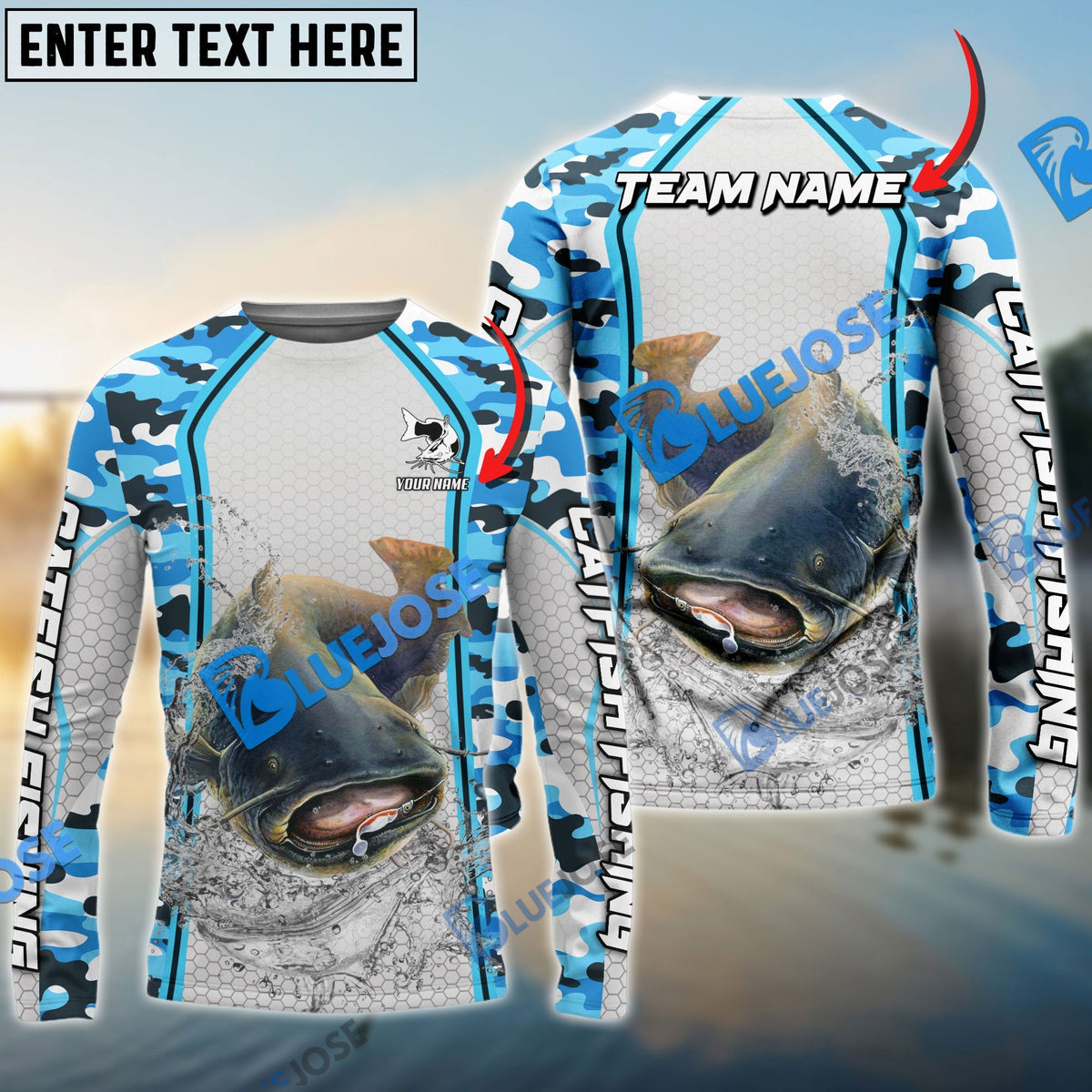 BlueJose Catfish Fishing Light Blue Camo Sport Custom Name & Team Name 3D Shirts