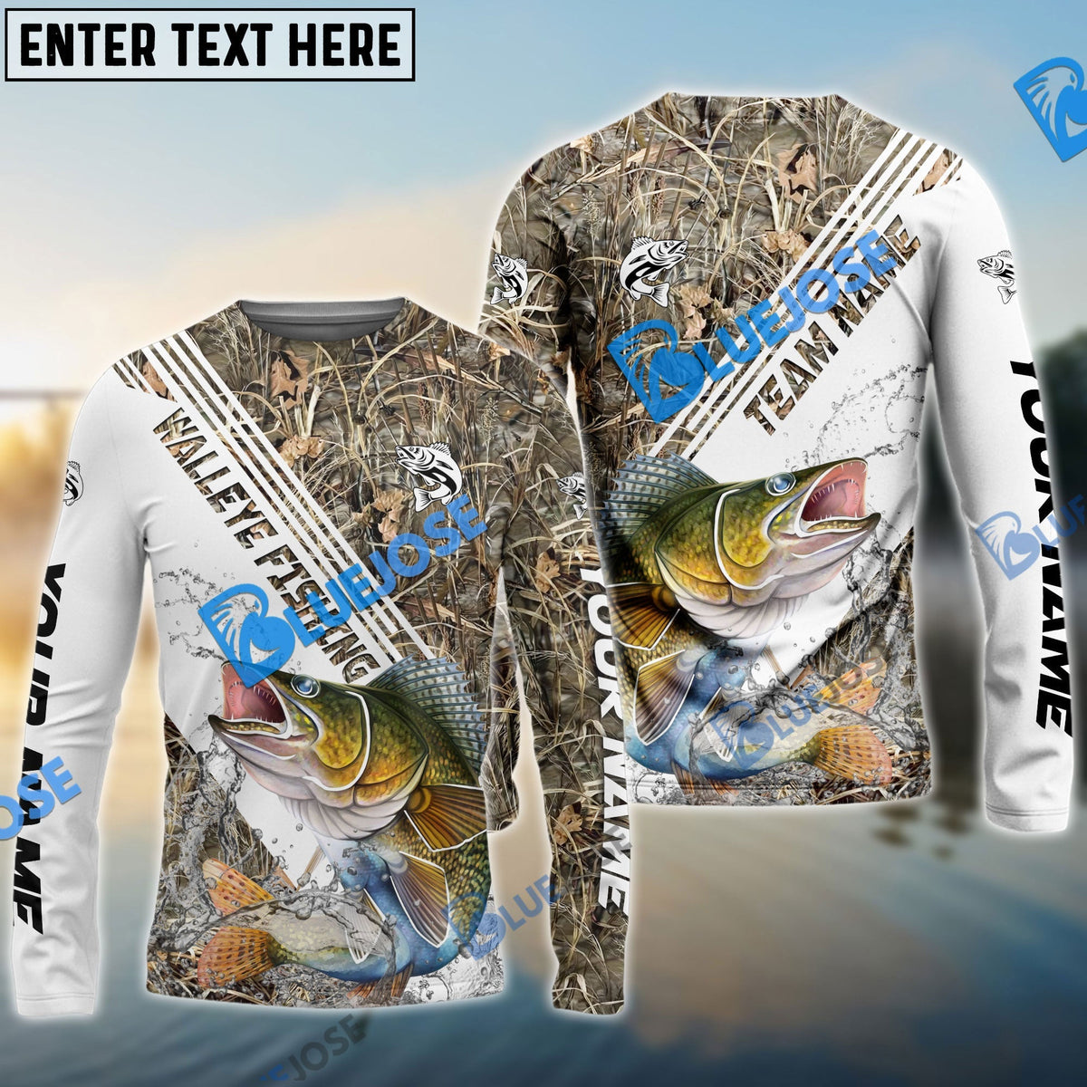 BlueJose Walleye Fishing White And Grass Camo Sport Custom Name & Team Name 3D Shirts