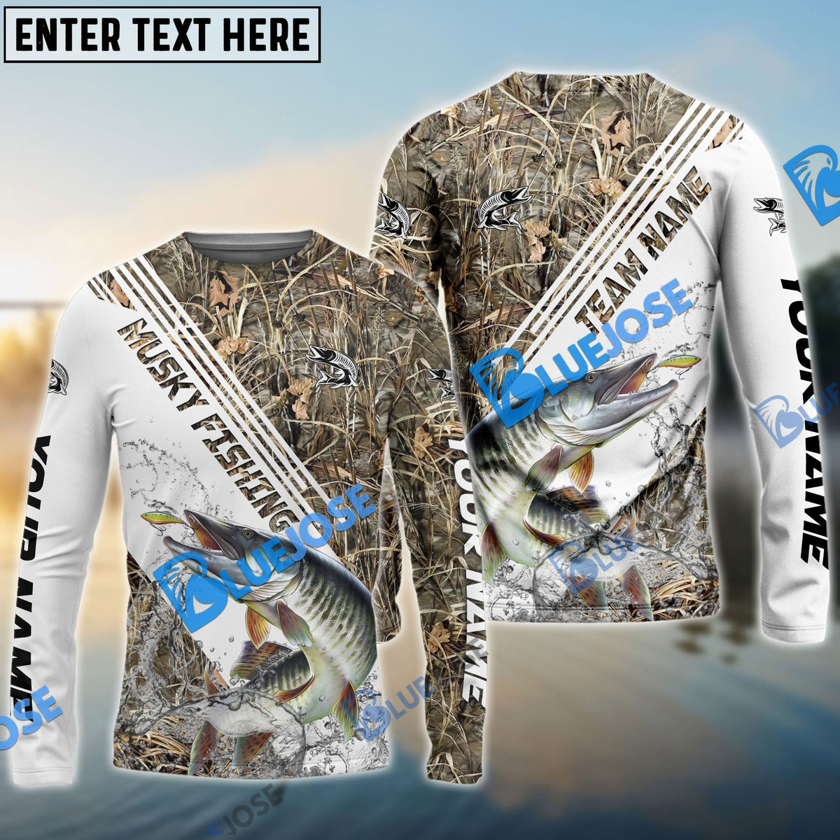 BlueJose Musky Fishing White And Grass Camo Sport Custom Name & Team Name 3D Shirts