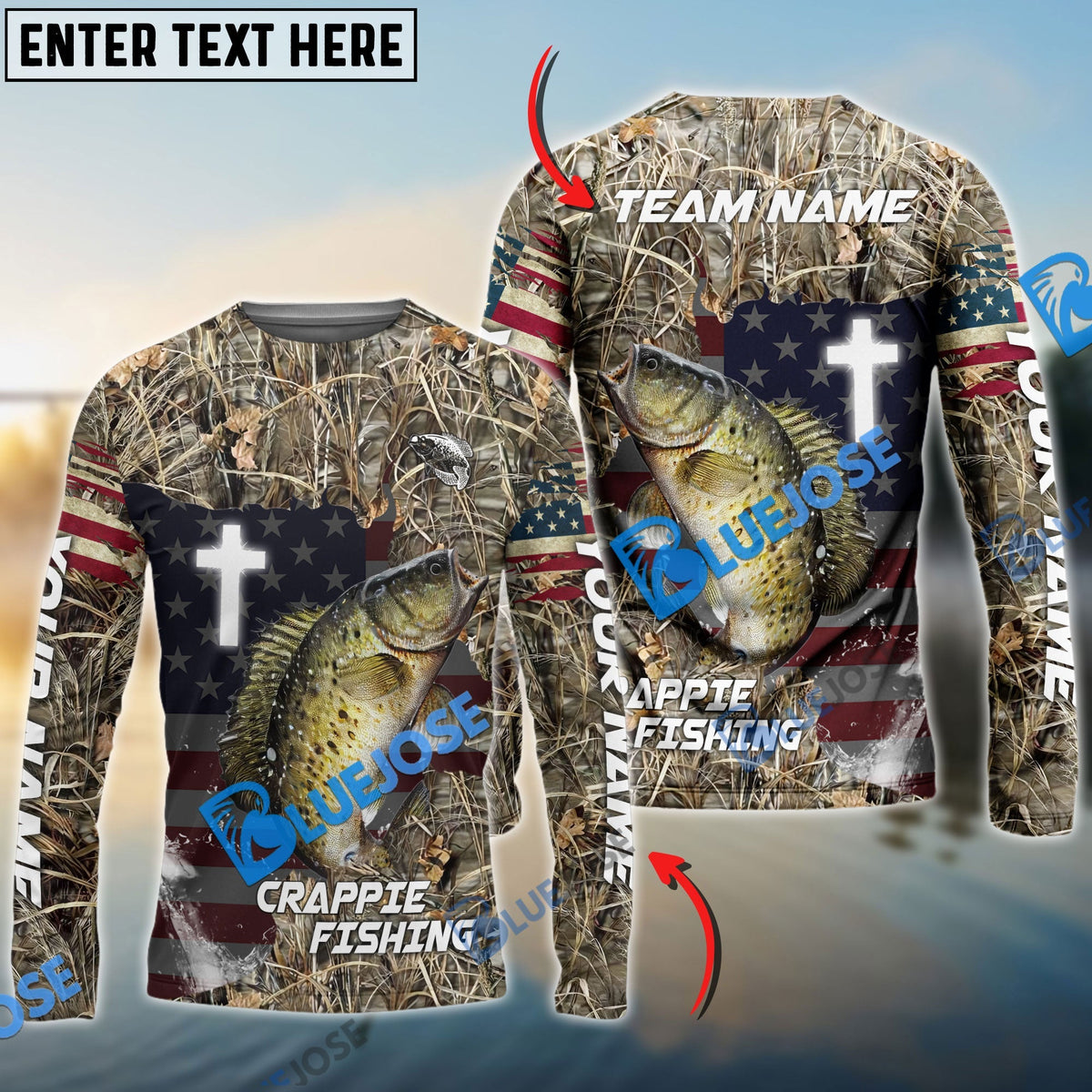 BlueJose Crappie Fishing Cross Camo Custom Name & Team Name 3D Shirts