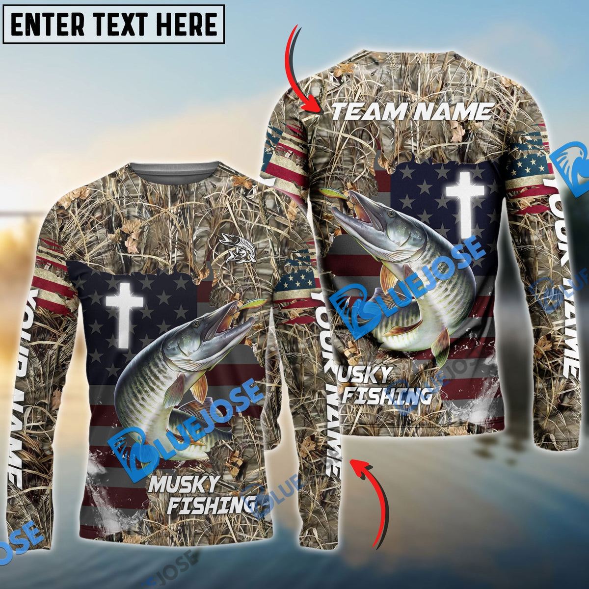 BlueJose Musky Fishing Cross Camo Custom Name & Team Name 3D Shirts