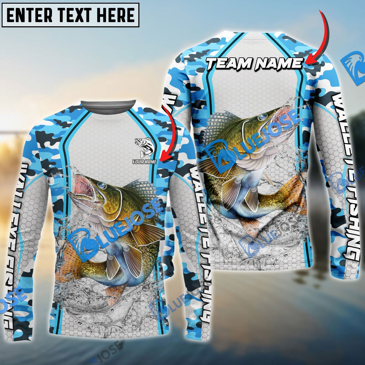 BlueJose Walleye Fishing Light Blue Camo Sport Custom Name & Team Name 3D Shirts