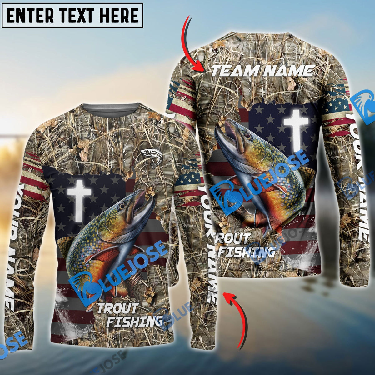 BlueJose Trout Fishing Cross Camo Custom Name & Team Name 3D Shirts