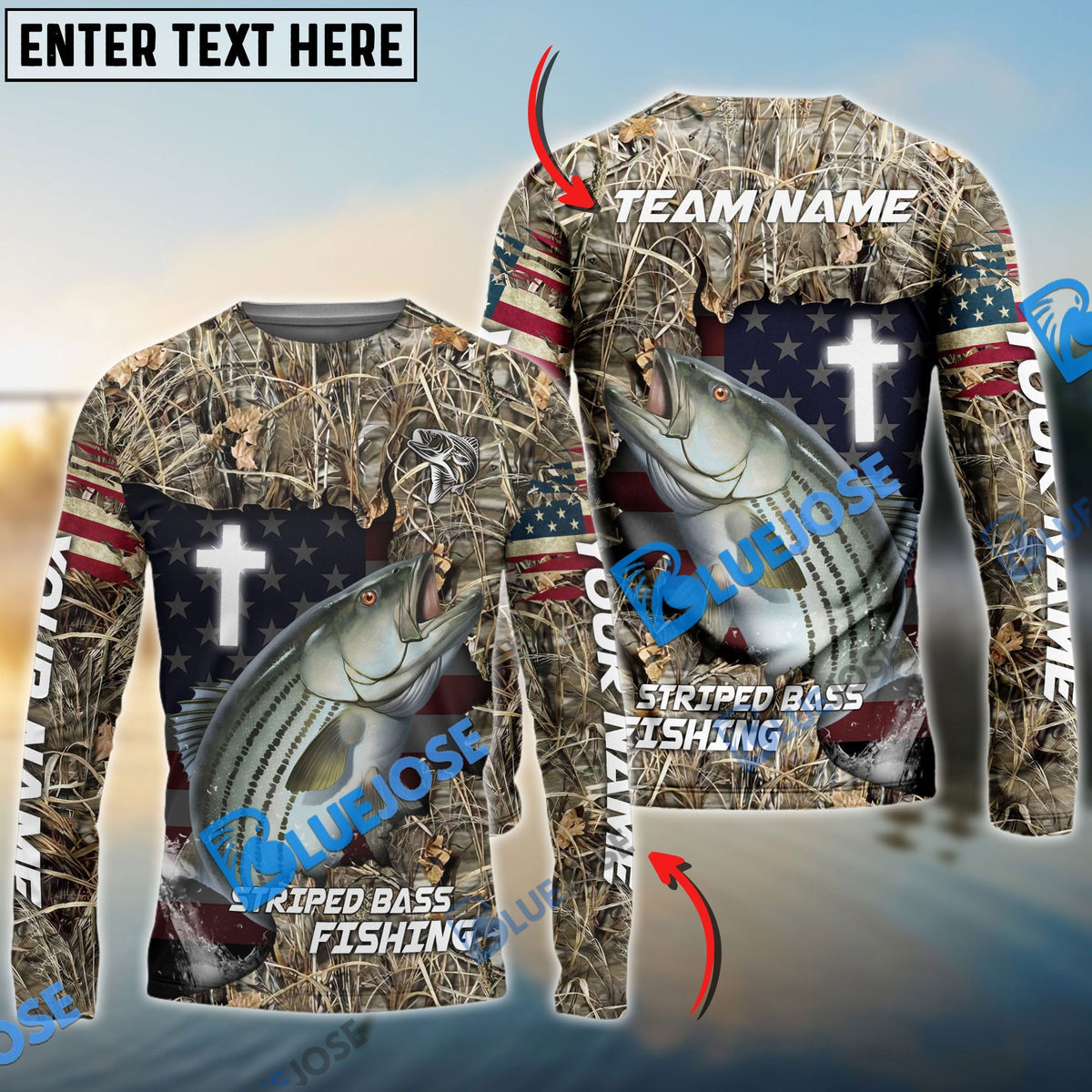 BlueJose Striped Bass Fishing Cross Camo Custom Name & Team Name 3D Shirts