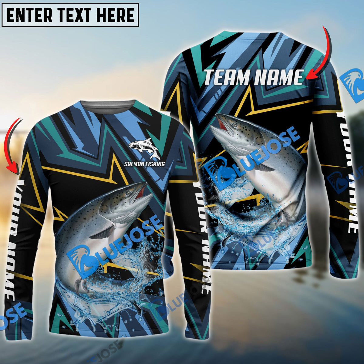 BlueJose Salmon Fishing Lightning Pattern Sport Custom Name & Team Name 3D Shirts