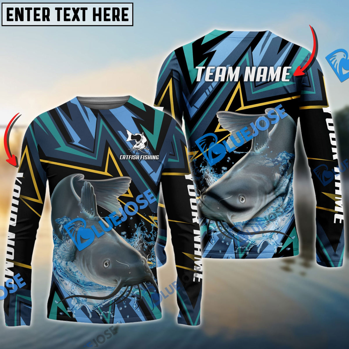 BlueJose Catfish Fishing Lightning Pattern Sport Custom Name & Team Name 3D Shirts