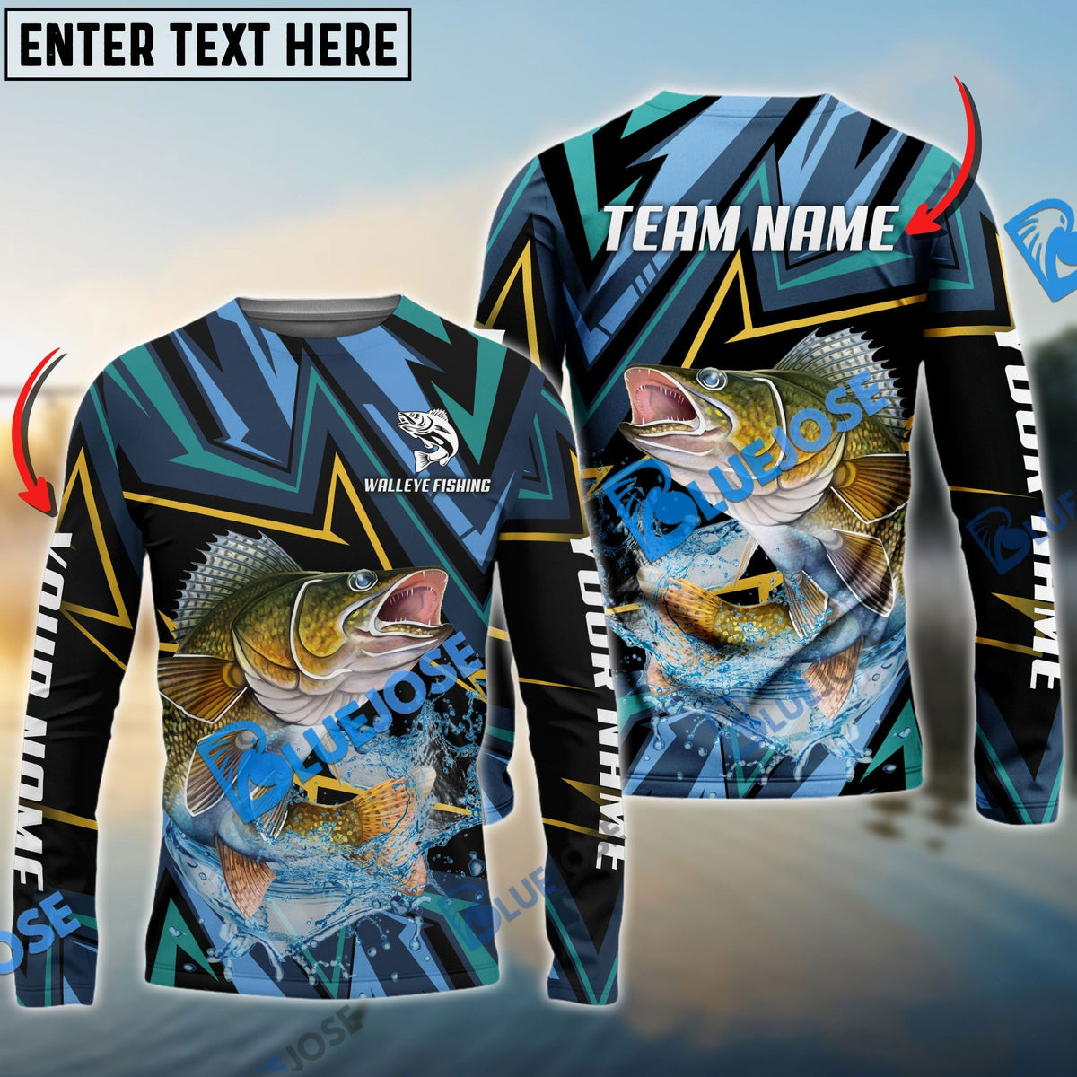 BlueJose Walleye Fishing Lightning Pattern Sport Custom Name & Team Name 3D Shirts