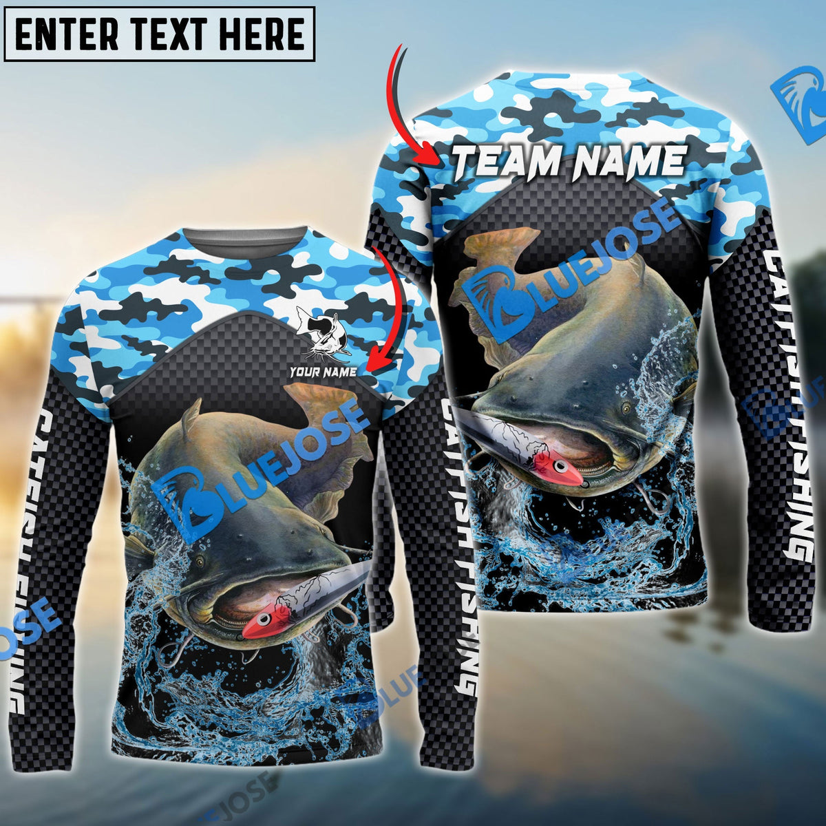 BlueJose Catfish Fishing Blue Camo Sport Custom Name & Team Name 3D Shirts