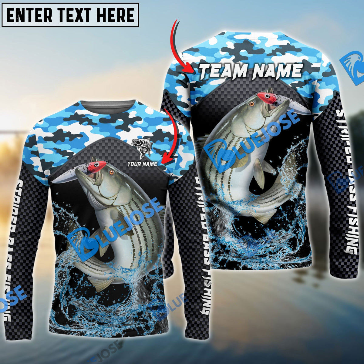 BlueJose Striped Bass Fishing Blue Camo Sport Custom Name & Team Name 3D Shirts