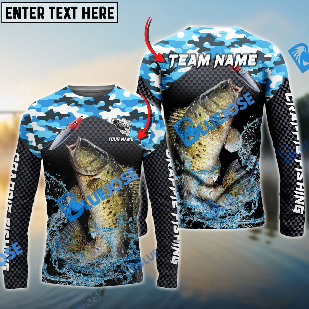 BlueJose Crappie Fishing Blue Camo Sport Custom Name & Team Name 3D Shirts