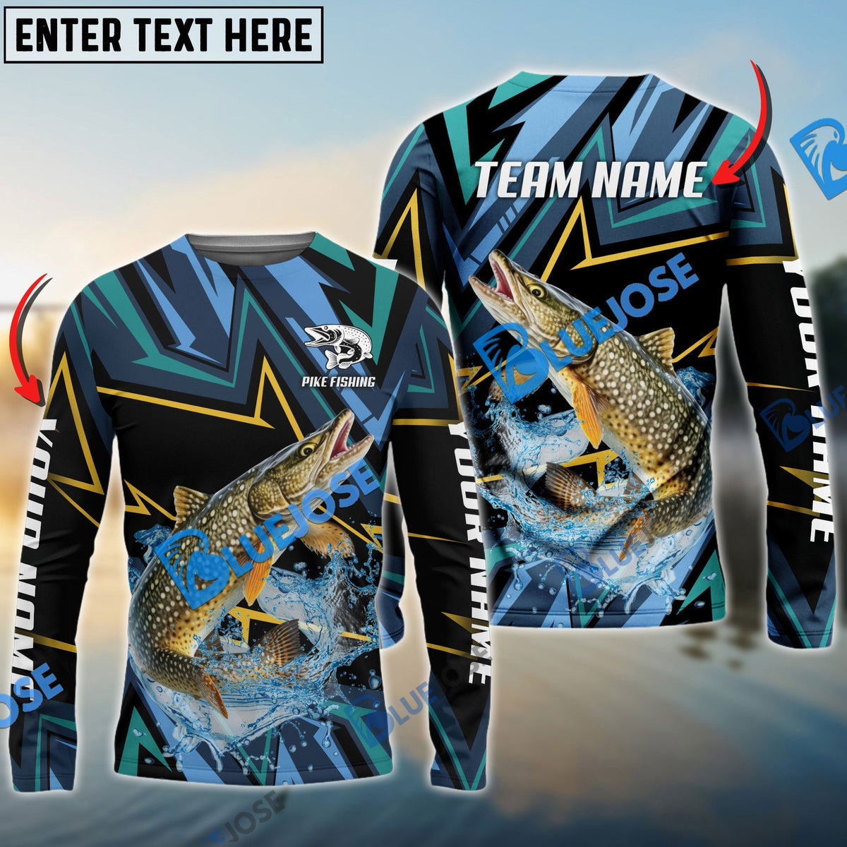 BlueJose Pike Fishing Lightning Pattern Sport Custom Name & Team Name 3D Shirts
