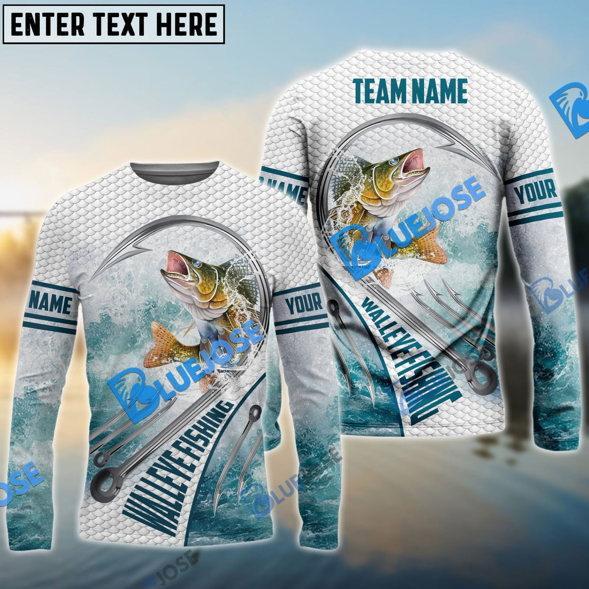 BlueJose Walleye Fishing White Fin Water Sport Custom Name & Team Name 3D Shirts