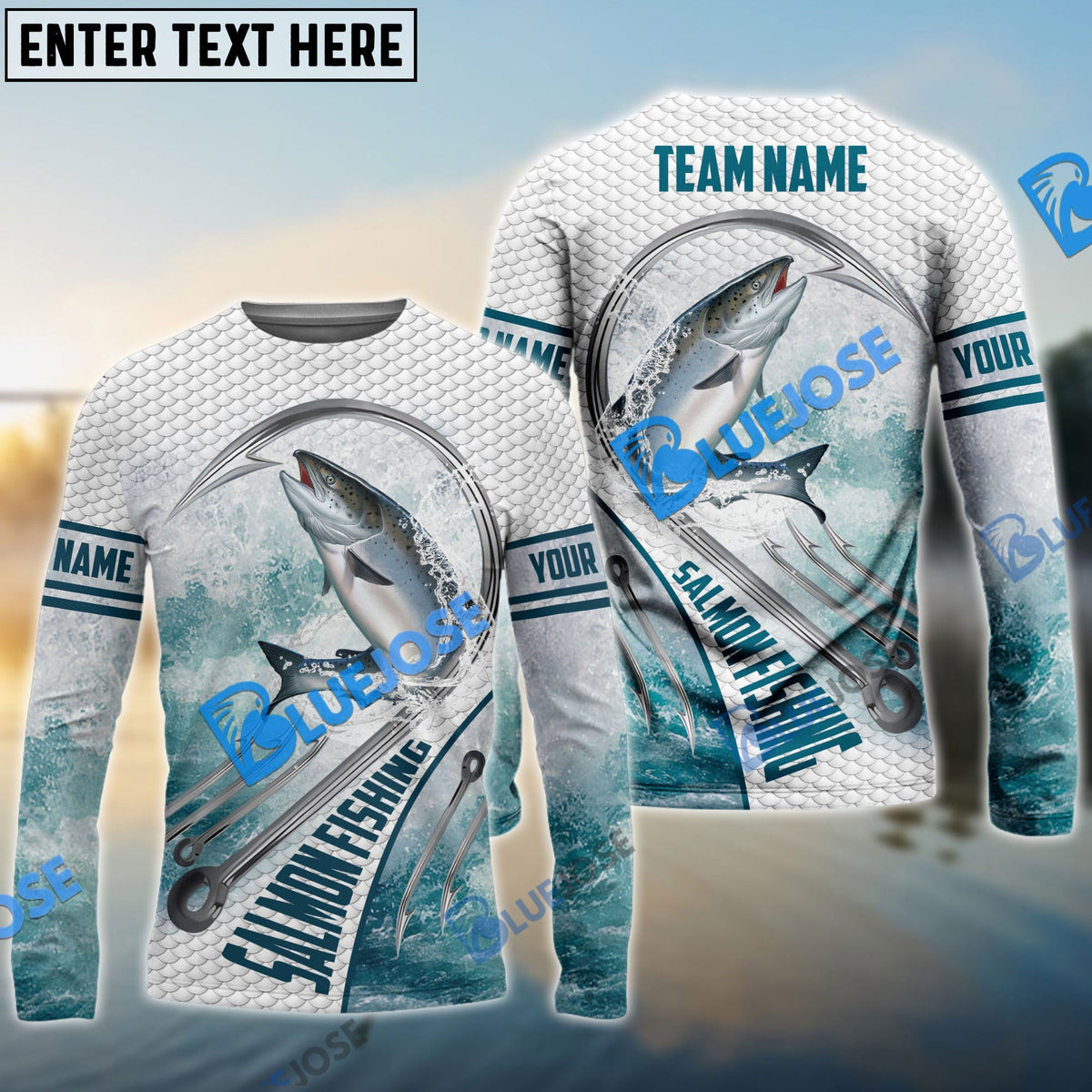 BlueJose Salmon Fishing White Fin Water Sport Custom Name & Team Name 3D Shirts