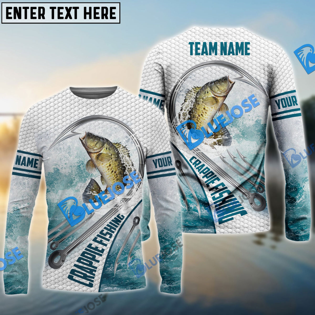 BlueJose Crappie Fishing White Fin Water Sport Custom Name & Team Name 3D Shirts