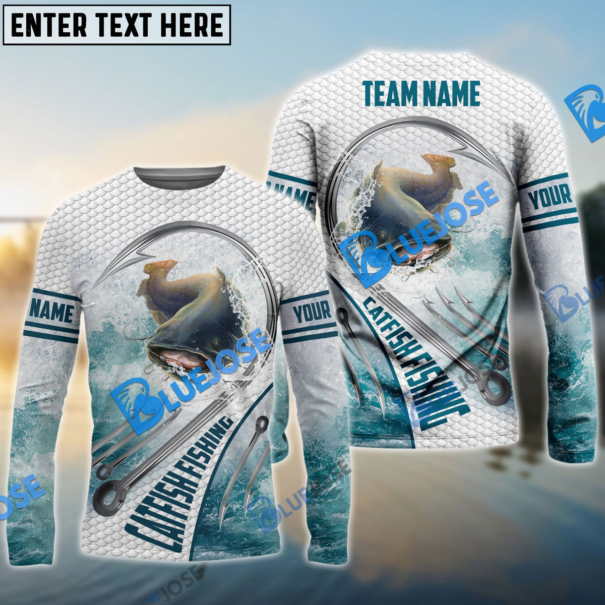 BlueJose Catfish Fishing White Fin Water Sport Custom Name & Team Name 3D Shirts