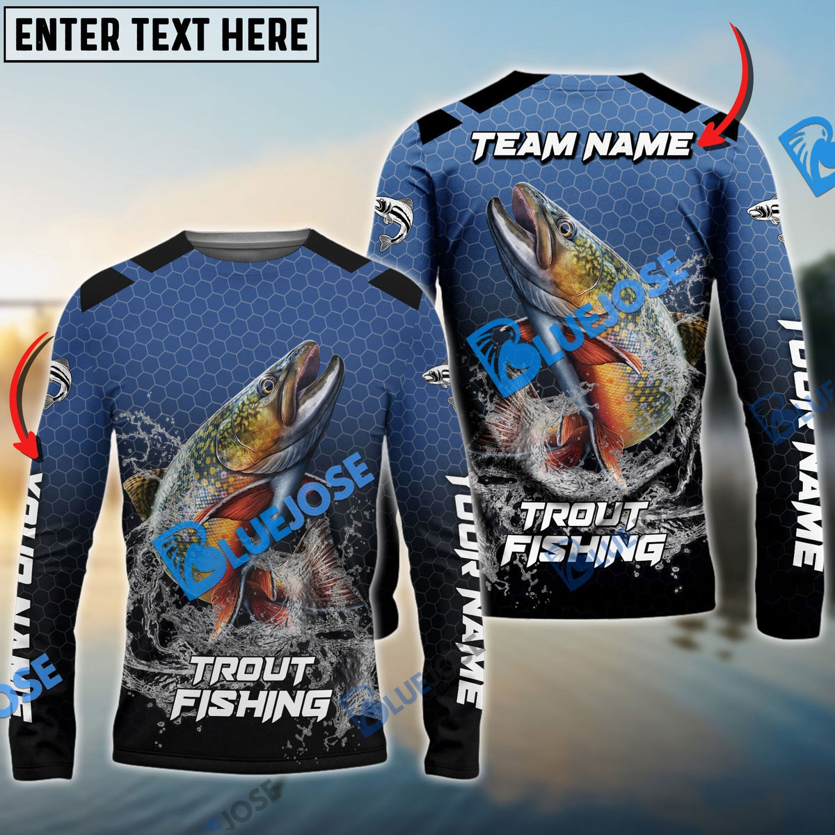 BlueJose Trout Fishing Navy Hexagon Sport Custom Name & Team Name 3D Shirts