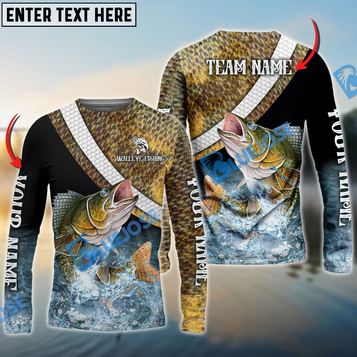 BlueJose Walleye Fishing Skin Water Custom Name & Team Name 3D Shirts