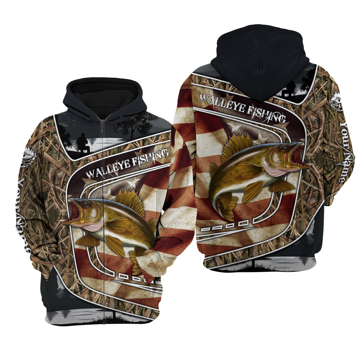 BlueJose Walleye Fishing Camo American Flag Patriotic Customize Name 3D Shirts