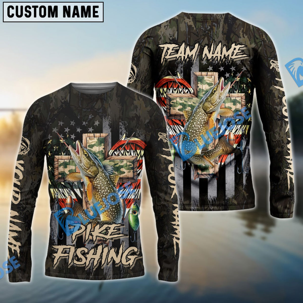 BlueJose Pike Fishing American Flag Camo Cross Gear Custom Name & Team Name 3D Shirts
