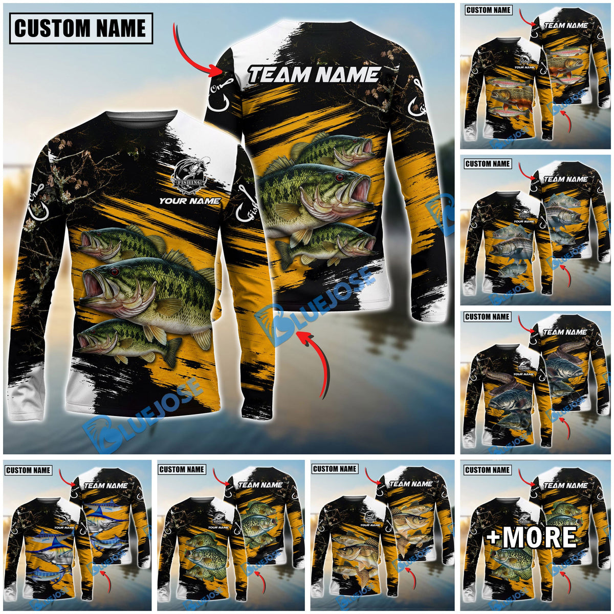 BlueJose Fishing Yellow Rustic Camouflage Custom Name & Team Name 3D Shirts (12 Breeds)
