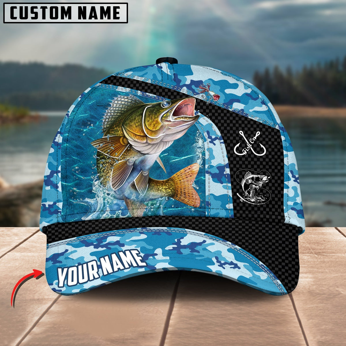 BlueJose Walleye Fishing Blue Camo Personalized Cap